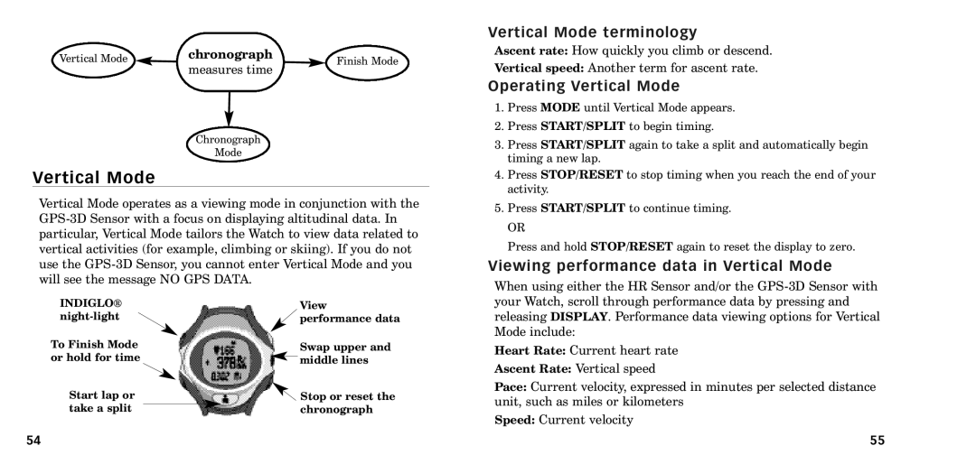 Timex W-218607-095000NA Vertical Mode terminology, Operating Vertical Mode, Viewing performance data in Vertical Mode 