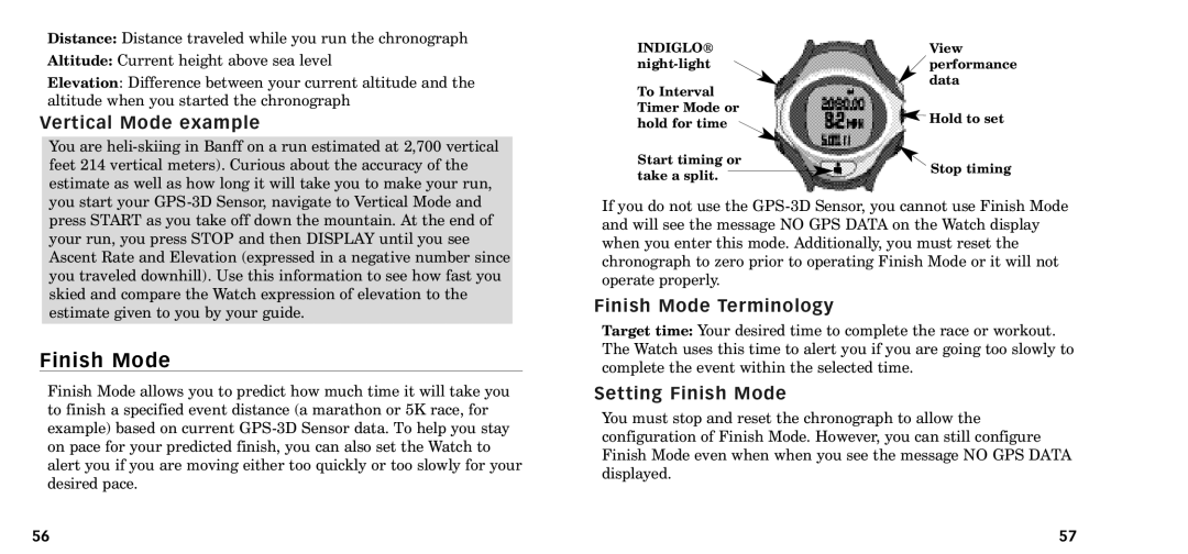 Timex W-218607-095000NA manual Vertical Mode example, Finish Mode Terminology, Setting Finish Mode 