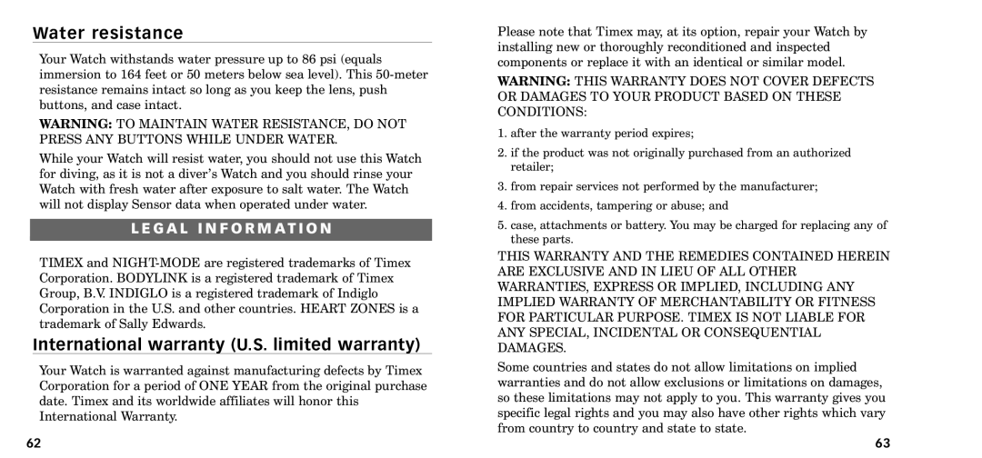 Timex W-218607-095000NA manual Water resistance, International warranty U.S. limited warranty, G a L I N F O R M a T I O N 