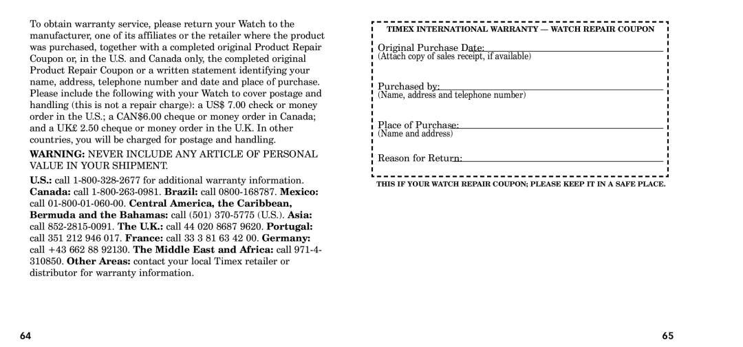 Timex W-218607-095000NA manual Reason for Return 