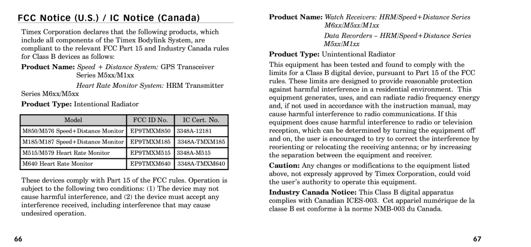 Timex W-218607-095000NA manual FCC Notice U.S. / IC Notice Canada 