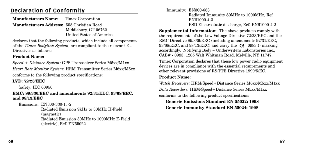 Timex W-218607-095000NA manual Declaration of Conformity, Product Name, LVD 72/23/EEC 