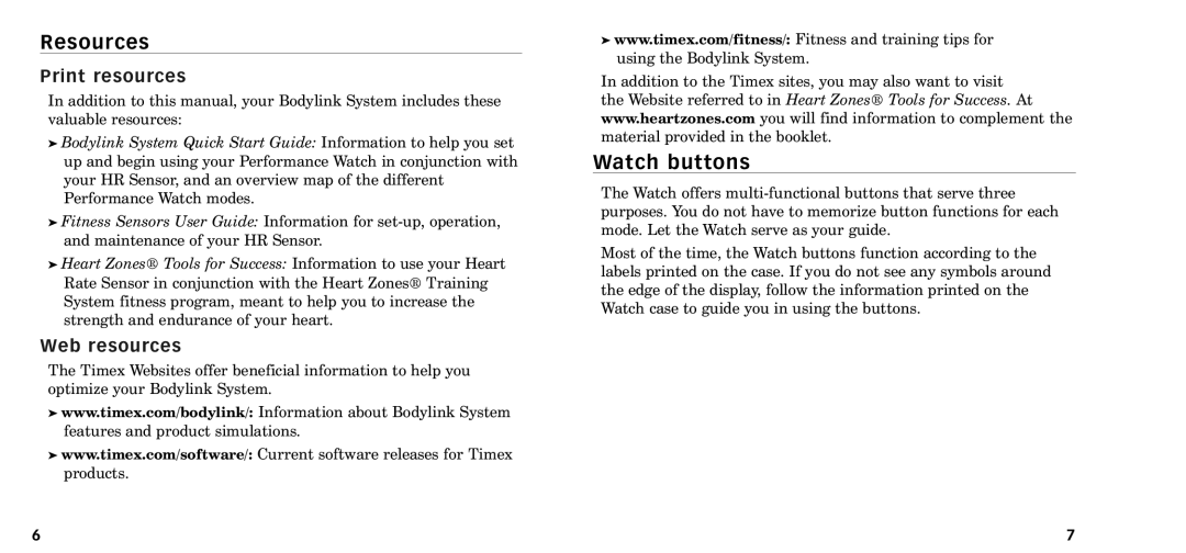 Timex W-218607-095000NA manual Resources, Watch buttons, Print resources, Web resources 