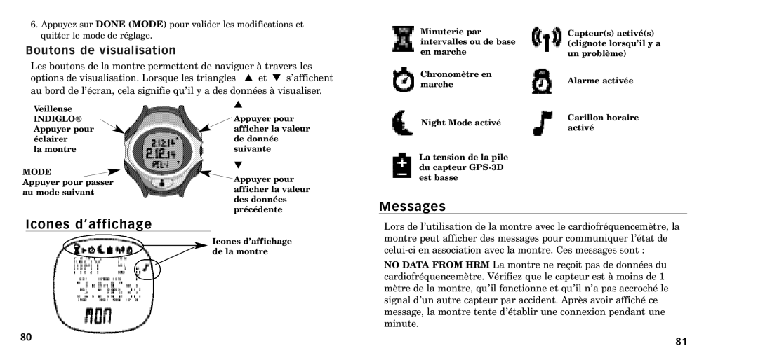 Timex W-218607-095000NA manual Messages Icones dÕaffichage, Boutons de visualisation 