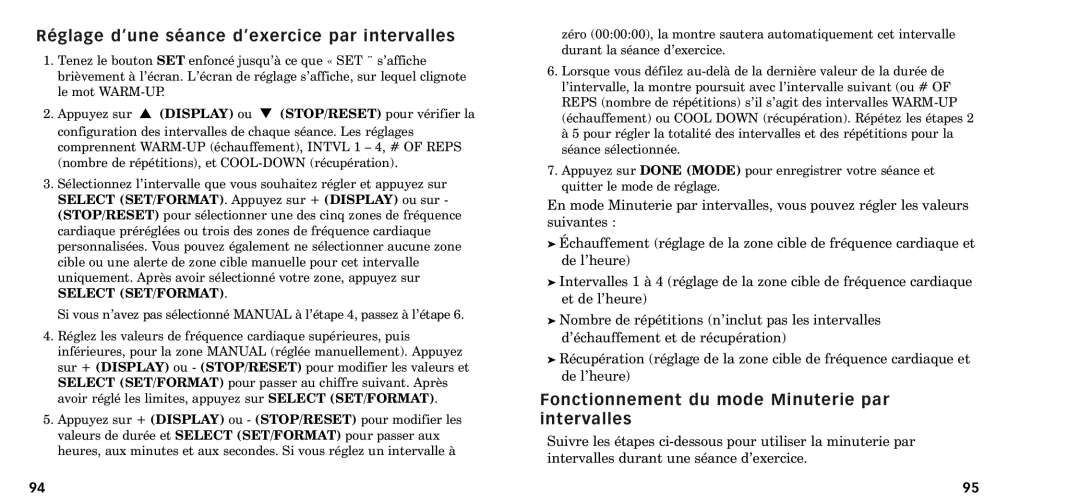 Timex W-218607-095000NA RŽglage dÕune sŽance dÕexercice par intervalles, Fonctionnement du mode Minuterie par intervalles 
