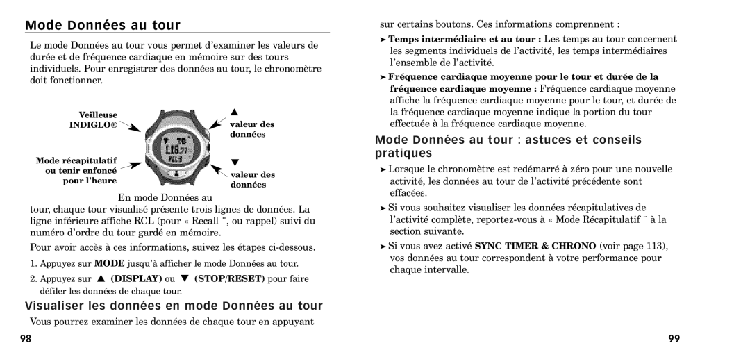 Timex W-218607-095000NA manual Mode DonnŽes au tour, Visualiser les donnŽes en mode DonnŽes au tour 
