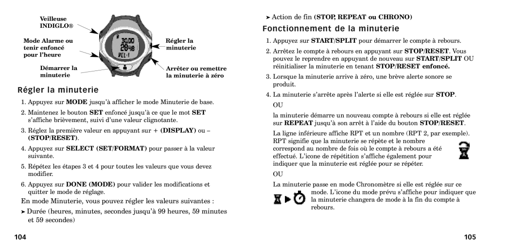 Timex W-218607-095000NA RŽgler la minuterie, Fonctionnement de la minuterie, Action de fin STOP, Repeat ou Chrono, 105 