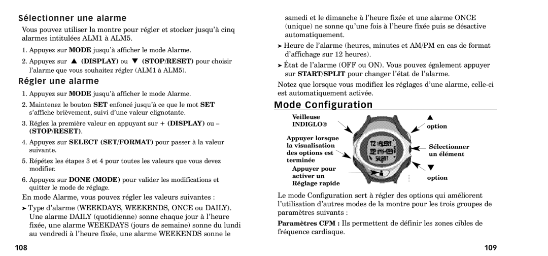 Timex W-218607-095000NA manual Mode Configuration, SŽlectionner une alarme, RŽgler une alarme, 108, 109 