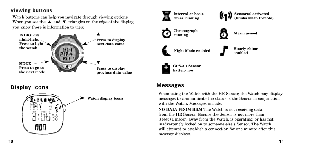 Timex W-218607-095000NA manual Display icons, Messages, Viewing buttons 