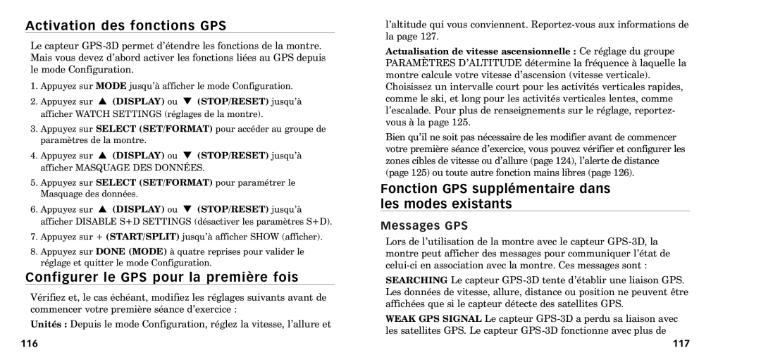 Timex W-218607-095000NA manual Activation des fonctions GPS, Configurer le GPS pour la premire fois, Messages GPS 