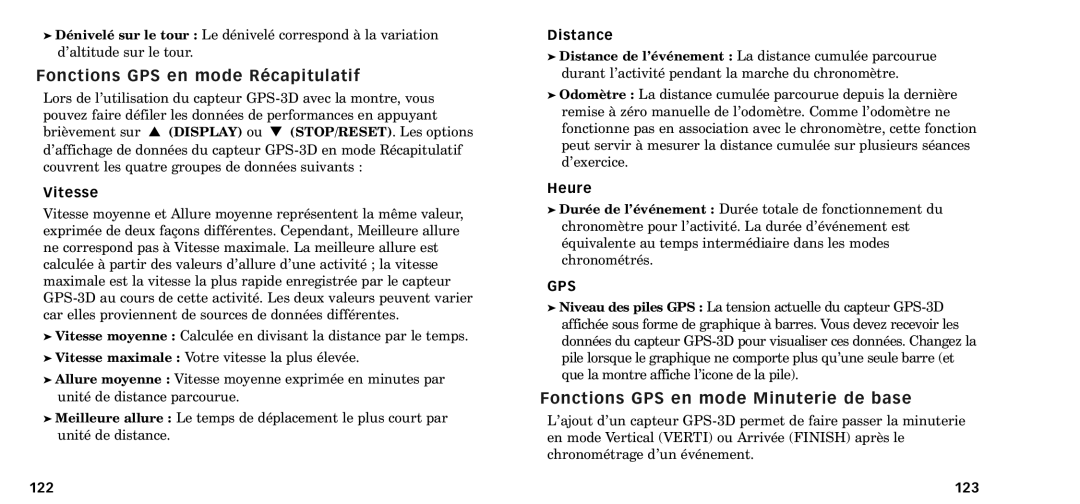 Timex W-218607-095000NA manual Fonctions GPS en mode RŽcapitulatif, Fonctions GPS en mode Minuterie de base 