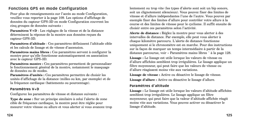Timex W-218607-095000NA manual Fonctions GPS en mode Configuration, Paramtres V+D, 124, Paramtres dÕaltitude, 125 