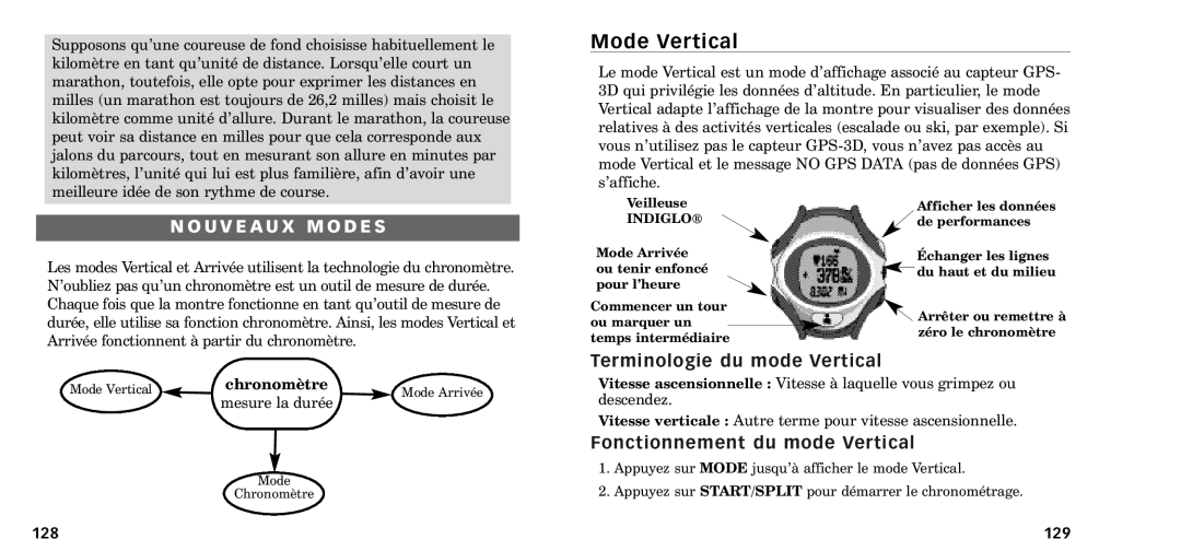 Timex W-218607-095000NA manual Mode Vertical, U V E a U X M O D E S, Terminologie du mode Vertical 