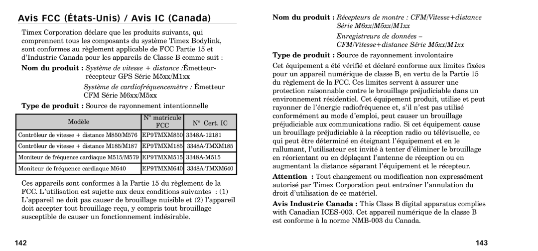 Timex W-218607-095000NA manual Avis FCC ƒtats-Unis / Avis IC Canada, 142 143 