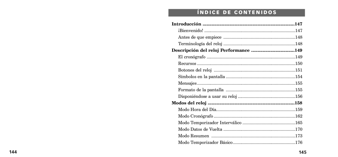 Timex W-218607-095000NA manual 147, Descripci-n del reloj Performance, 158, 144 145 