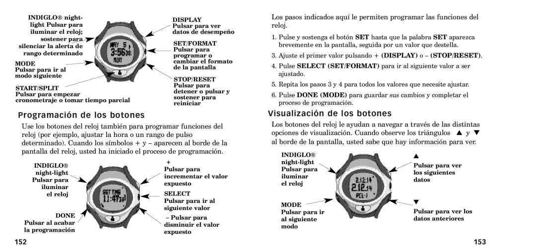 Timex W-218607-095000NA manual Programaci-n de los botones, Visualizaci-n de los botones, 152 153 