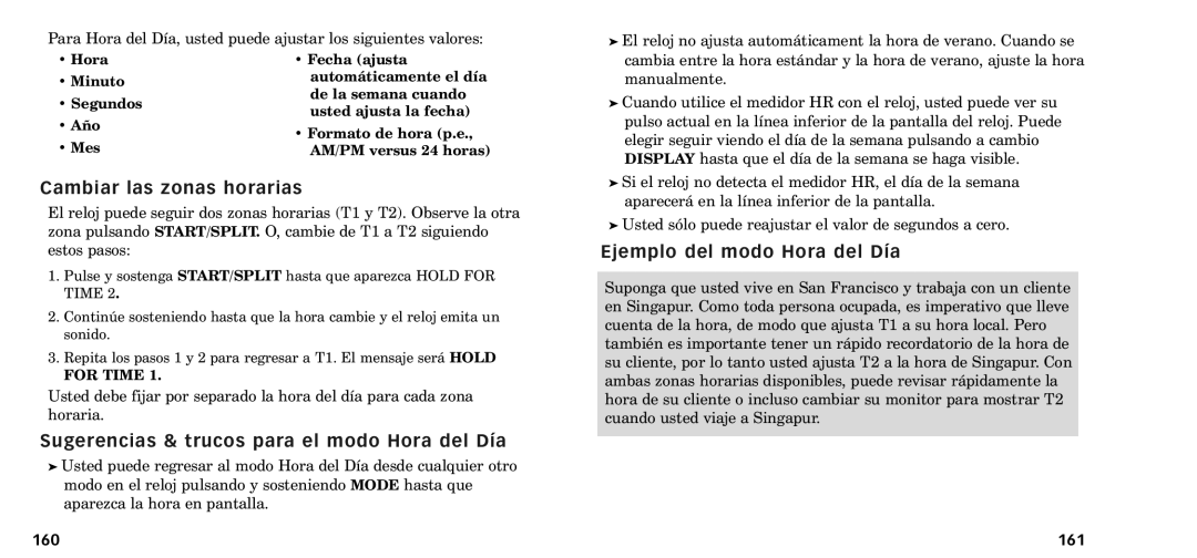 Timex W-218607-095000NA manual Cambiar las zonas horarias, Sugerencias & trucos para el modo Hora del D’a, 160, 161 