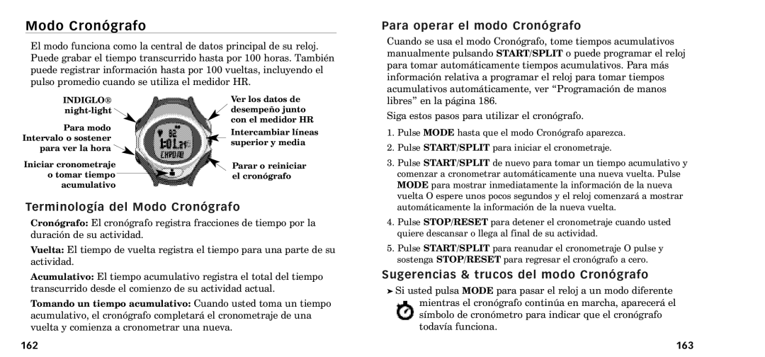 Timex W-218607-095000NA manual Terminolog’a del Modo Cron-grafo, Para operar el modo Cron-grafo, 163 