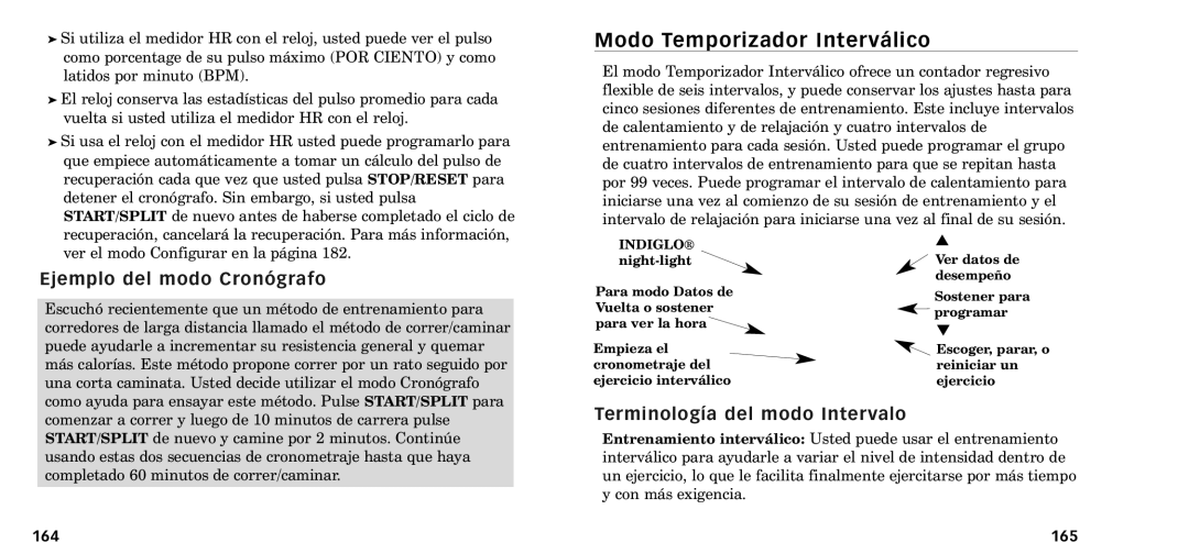 Timex W-218607-095000NA Modo Temporizador Interv‡lico, Ejemplo del modo Cron-grafo, Terminolog’a del modo Intervalo, 164 