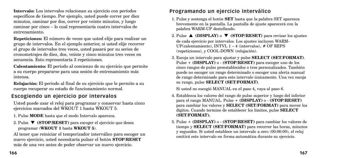 Timex W-218607-095000NA manual Escogiendo un ejercicio por intervalos, Programando un ejercicio interv‡lico, 166, 167 