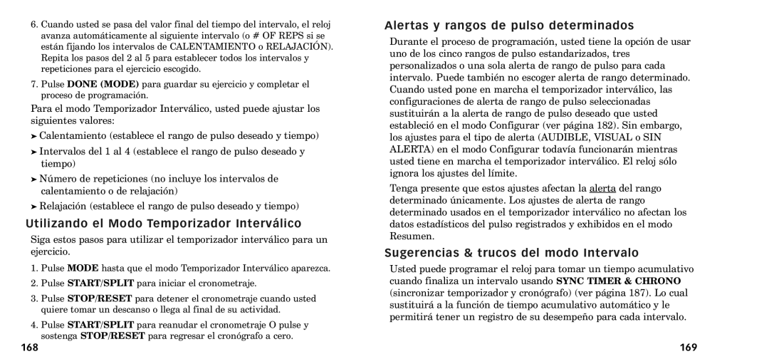 Timex W-218607-095000NA manual Utilizando el Modo Temporizador Interv‡lico, Alertas y rangos de pulso determinados, 168 169 