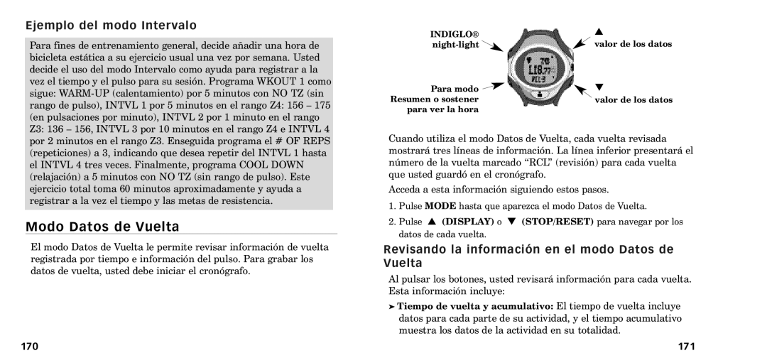 Timex W-218607-095000NA manual Modo Datos de Vuelta, Ejemplo del modo Intervalo, 170 