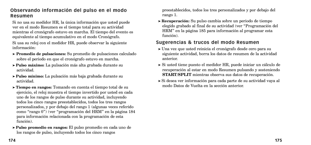 Timex W-218607-095000NA Observando informaci-n del pulso en el modo Resumen, Sugerencias & trucos del modo Resumen, 174 