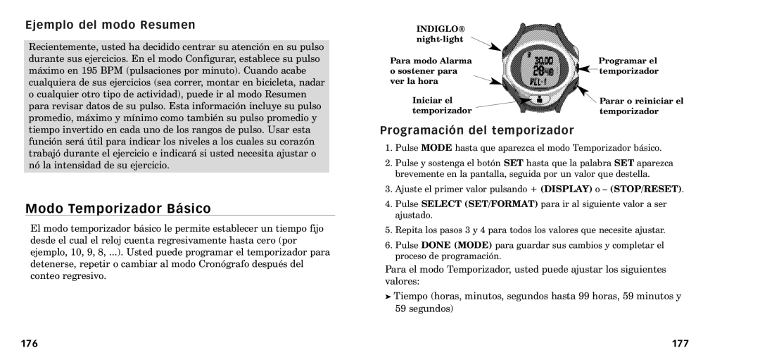 Timex W-218607-095000NA manual Modo Temporizador B‡sico, Ejemplo del modo Resumen, Programaci-n del temporizador, 176 177 