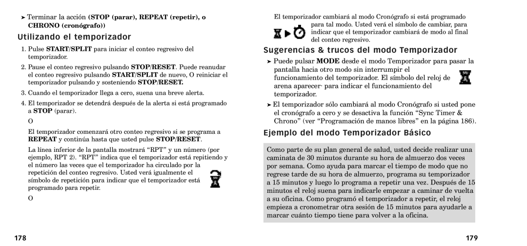 Timex W-218607-095000NA manual Utilizando el temporizador, Sugerencias & trucos del modo Temporizador, 178 179 