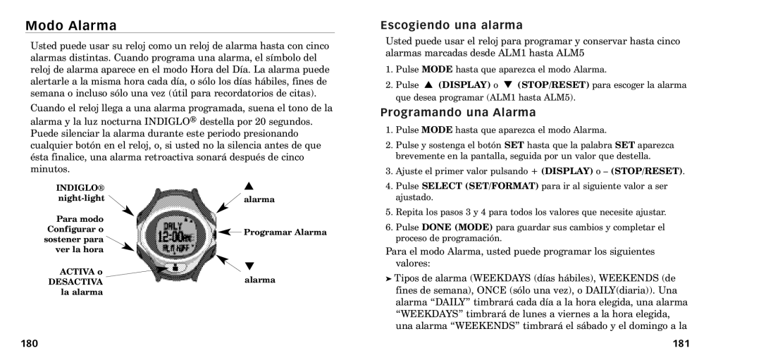 Timex W-218607-095000NA manual Modo Alarma, Escogiendo una alarma, Programando una Alarma, 180, 181 