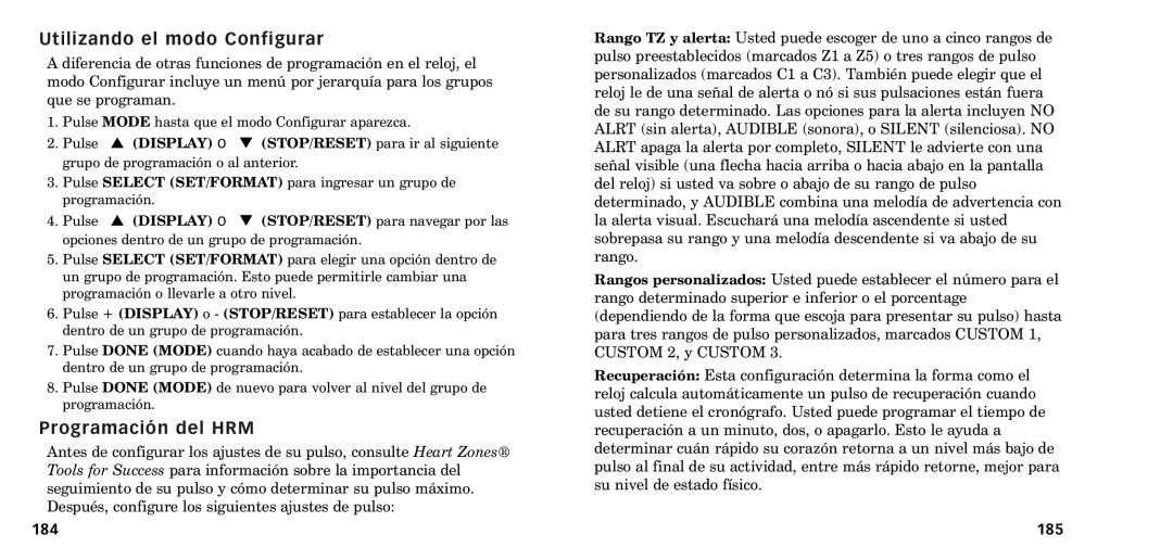 Timex W-218607-095000NA manual Utilizando el modo Configurar, Programaci-n del HRM, 184, 185 