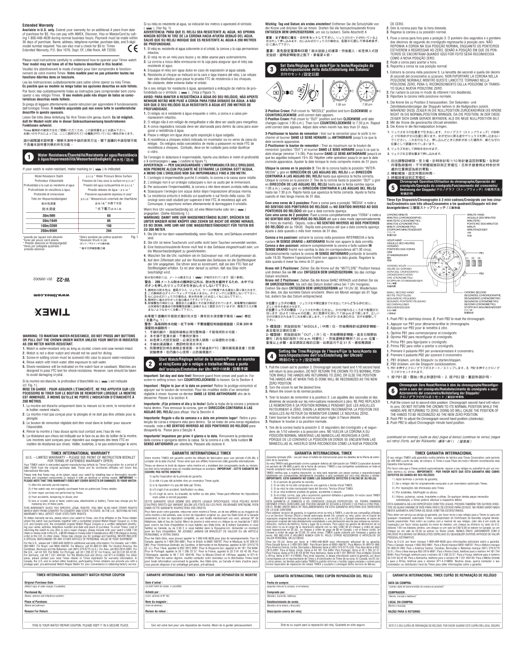 Timex 201-095002, W-22 warranty Timex International Warranty, Garantie Internationale Timex, Garantia Internacional Timex 