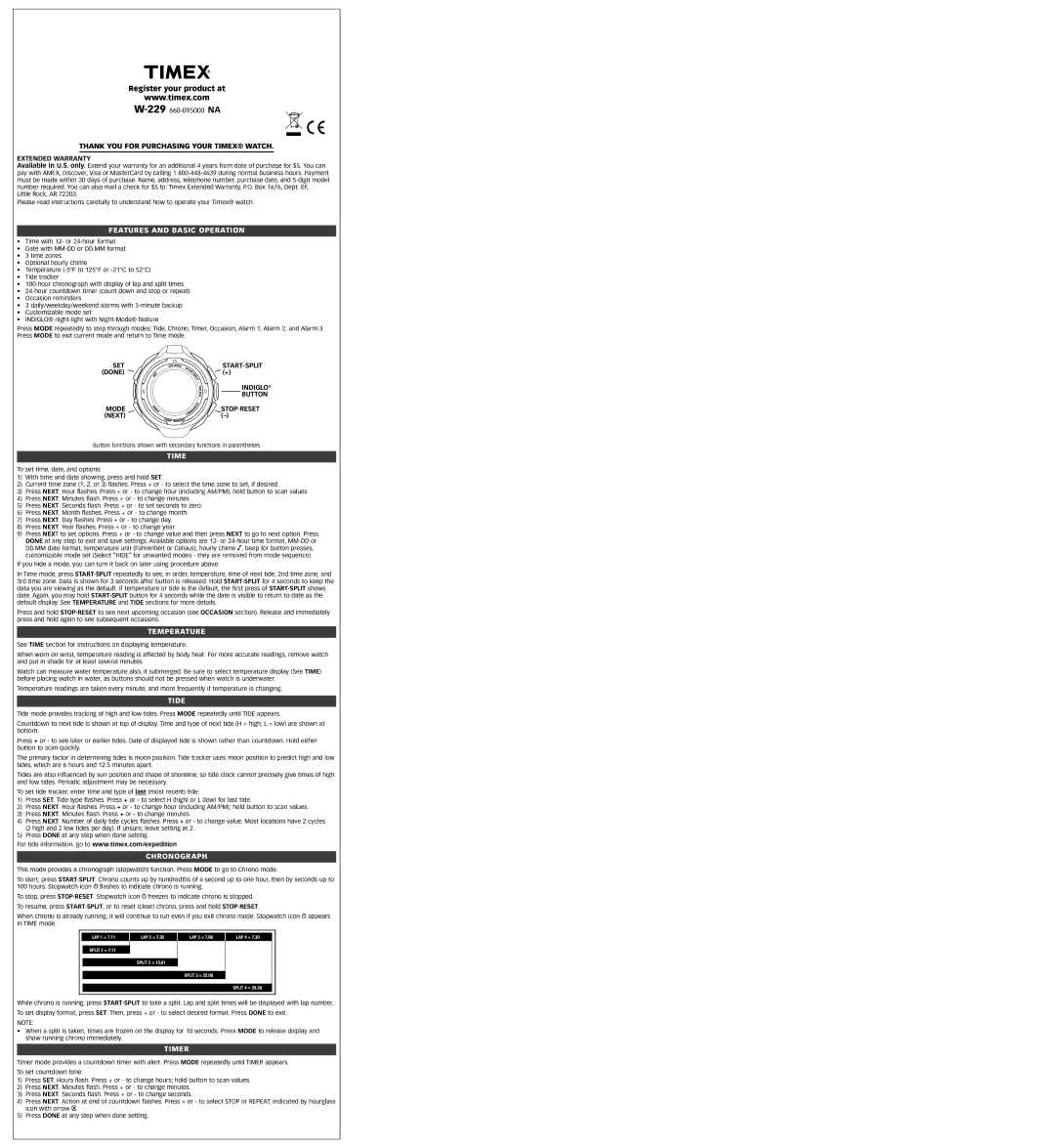 Timex 660-095000, W-229 warranty Features and Basic Operation, Temperature, Tide, Chronograph, Timer 