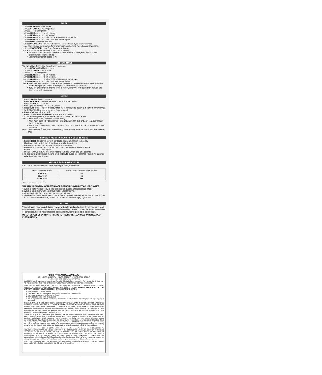 Timex W-230 warranty Interval Timer, Alarm, INDIGLO¨ NIGHT-LIGHT/NIGHT-MODE¨ Feature, Water & Shock Resistance, Battery 