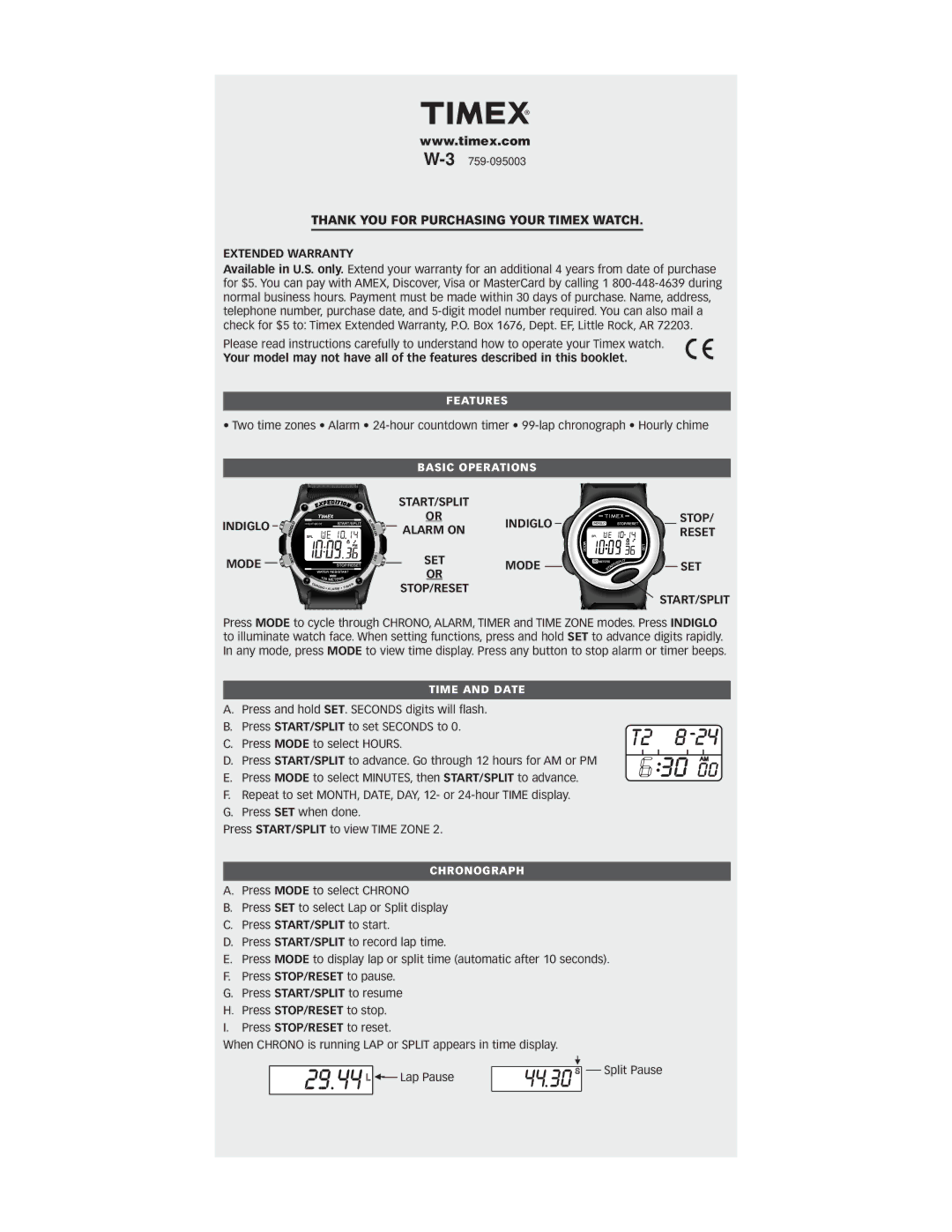 Timex W-3 warranty Thank YOU for Purchasing Your Timex Watch, Extended Warranty, Indiglo Stop Alarm on Reset Mode 