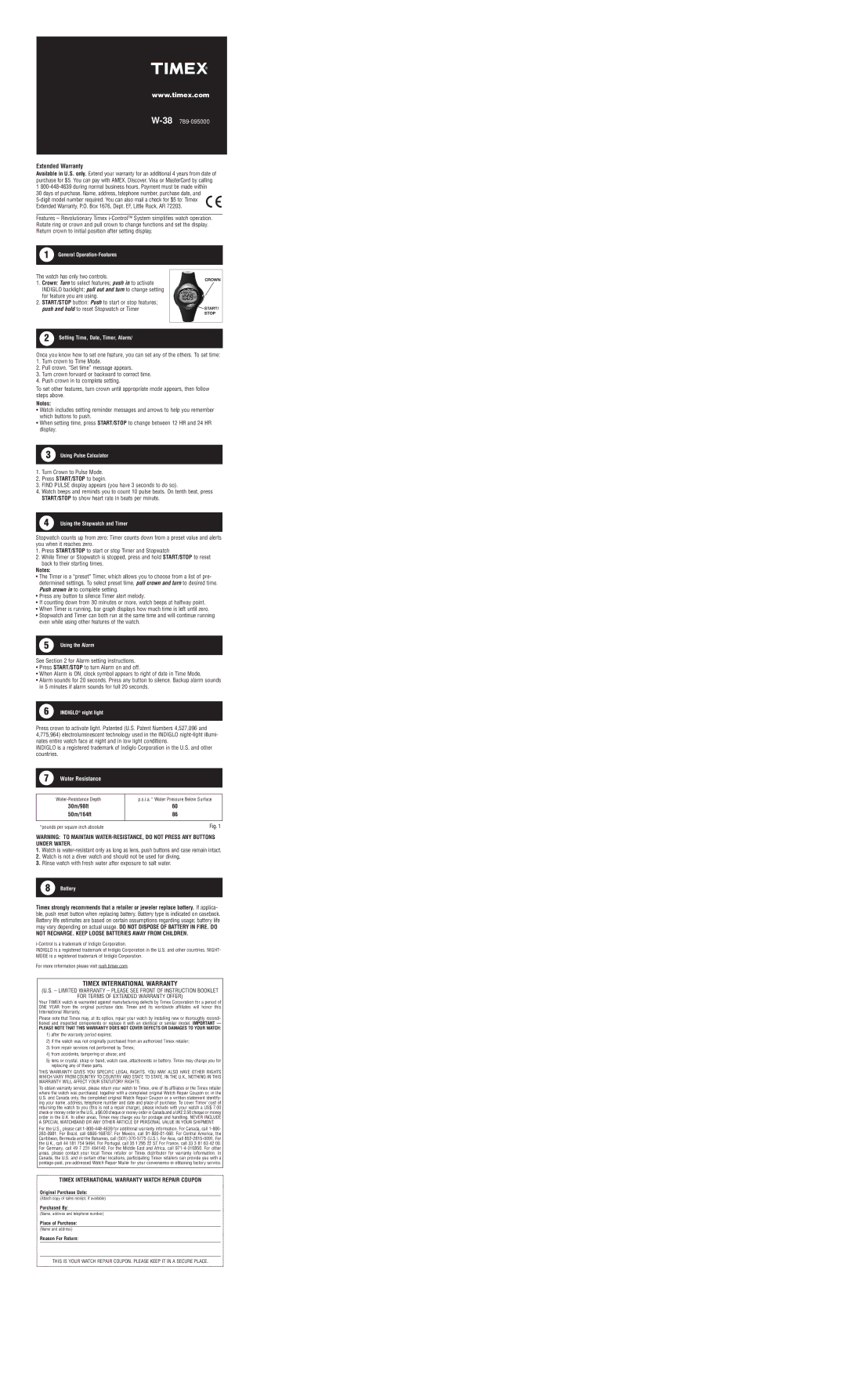 Timex W-38 warranty Not RECHARGE. Keep Loose Batteries Away from Children 