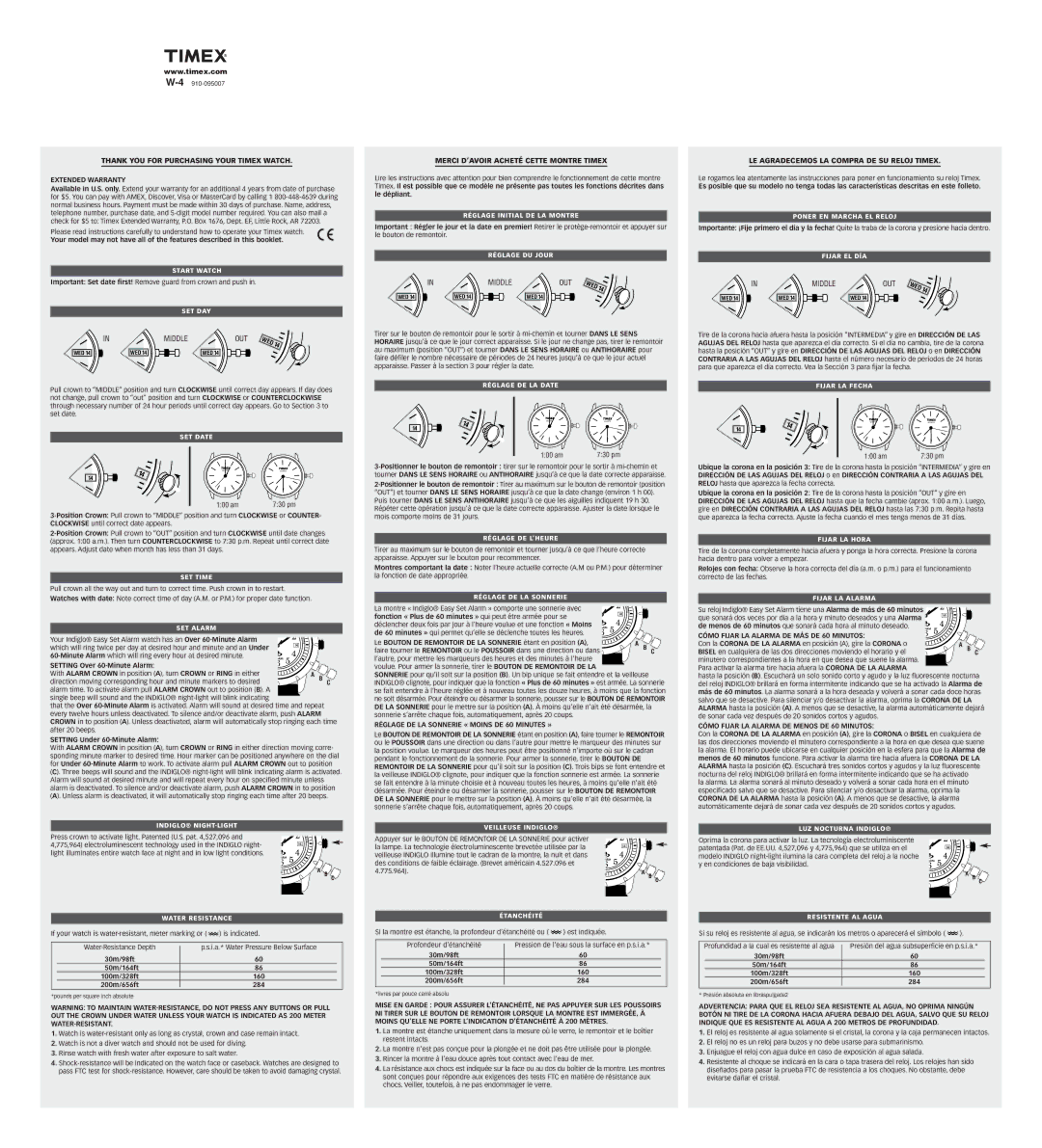 Timex W-4 warranty Thank YOU for Purchasing Your Timex Watch, Merci D’AVOIR Acheté Cette Montre Timex 