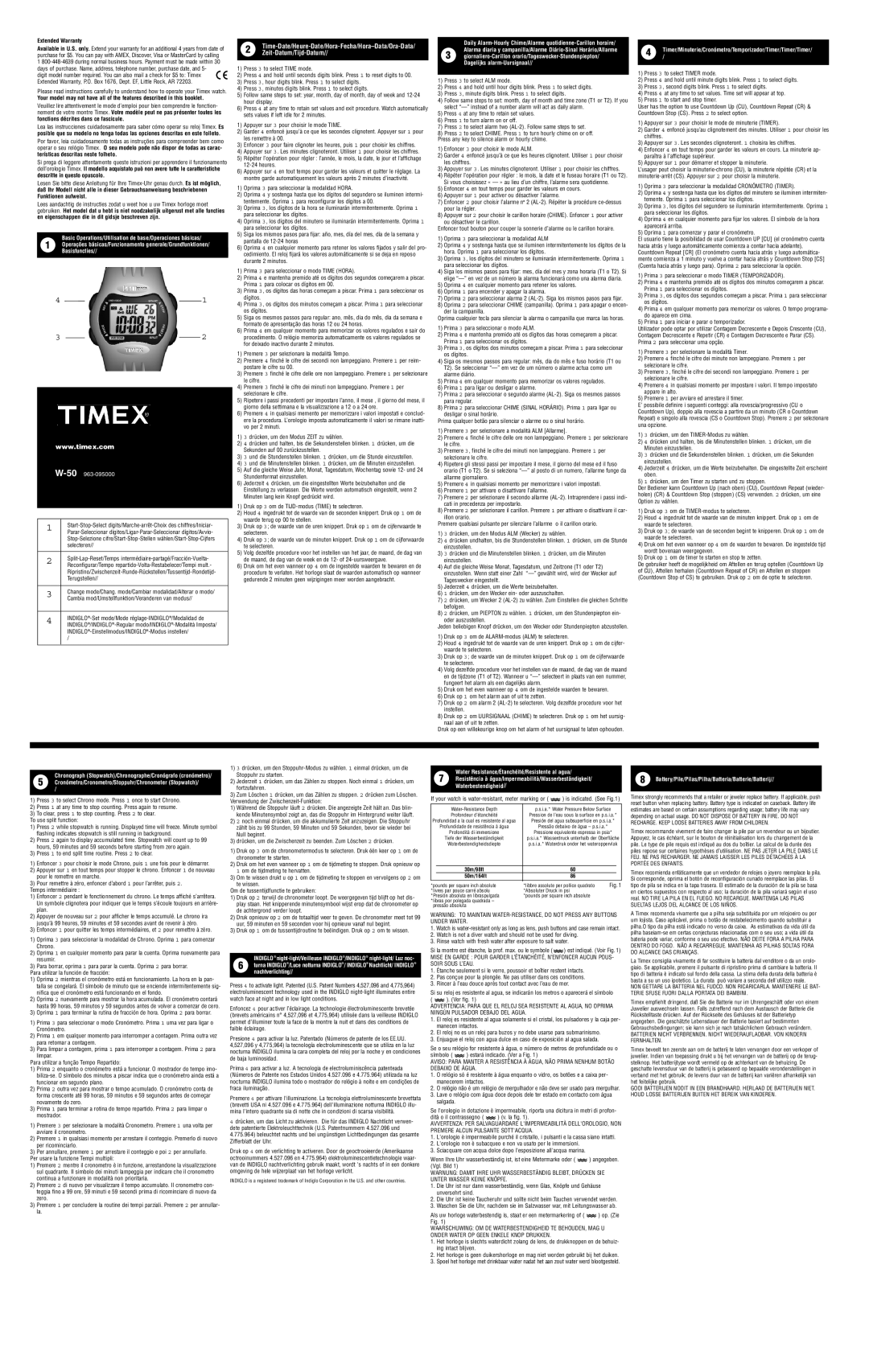 Timex W-50 warranty Extended Warranty, Your model may not have all of the features described in this booklet, 30m/98ft 
