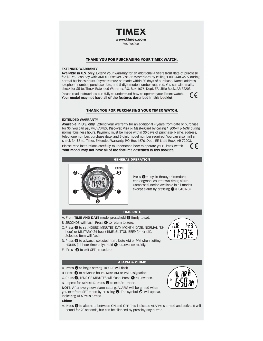 Timex W-865 warranty Thank YOU for Purchasing Your Timex Watch, Chime 
