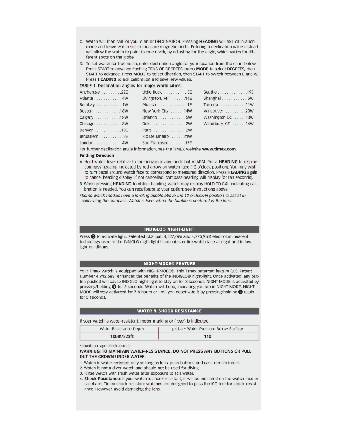 Timex W-865 warranty Declination angles for major world cities, Finding Direction, 100m/328ft 160 