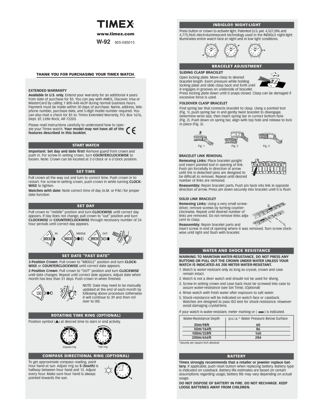 Timex W-92 warranty Start Watch, SET Time, Set Day, SET Date Fast Date, Rotating Time Ring Optional, Indiglo NIGHT-LIGHT 