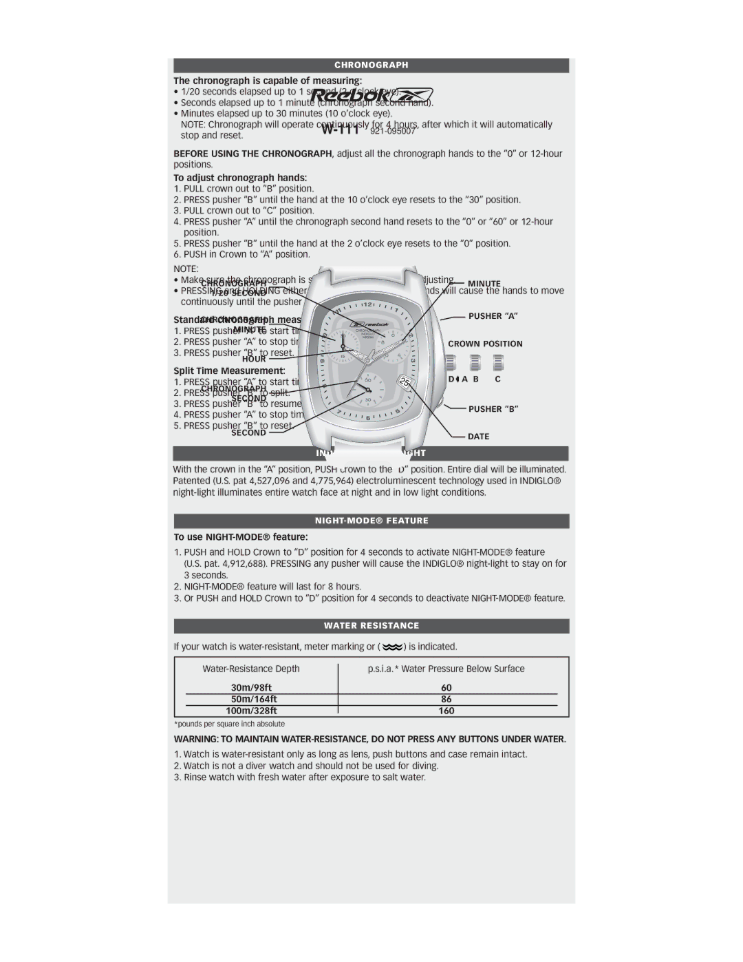 Timex W111 manual Chronograph is capable of measuring, To adjust chronograph hands, Standard chronograph measurement 