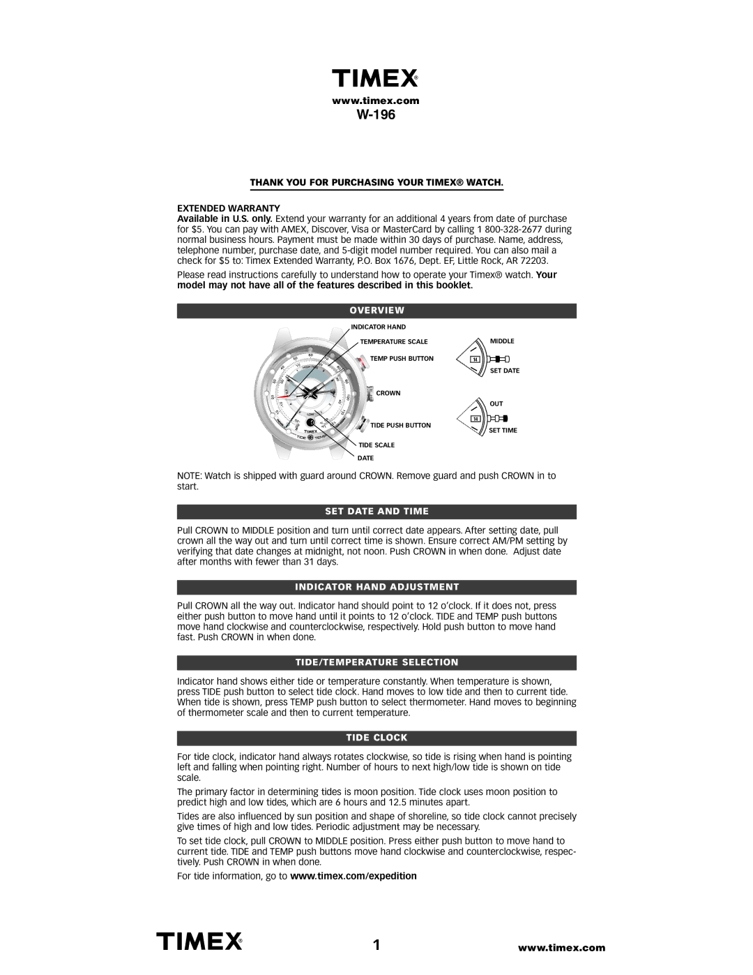 Timex W196 warranty Overview, SET Date and Time, Indicator Hand Adjustment, TIDE/TEMPERATURE Selection, Tide Clock 