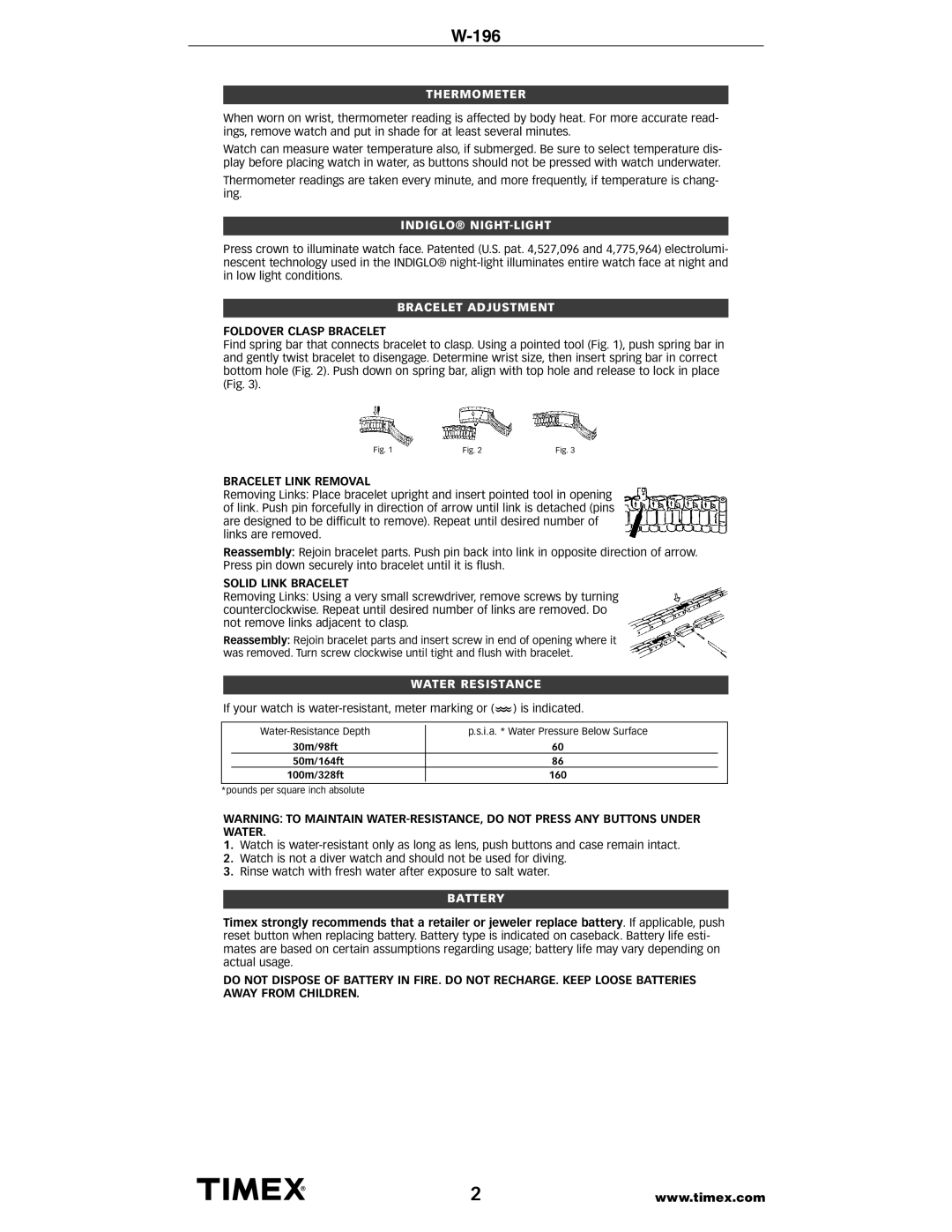 Timex W196 warranty Thermometer, Indiglo¨ Night-Light, Bracelet Adjustment, Water Resistance, Battery 
