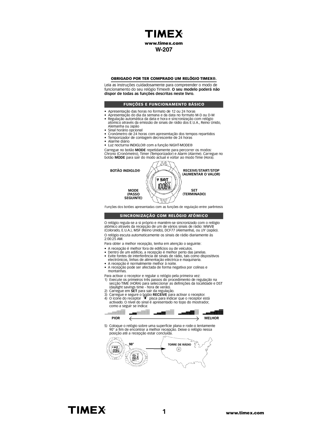 Timex W207 manual Funções E Funcionamento Básico, Sincronização COM Relógio AT Ó M I C O 