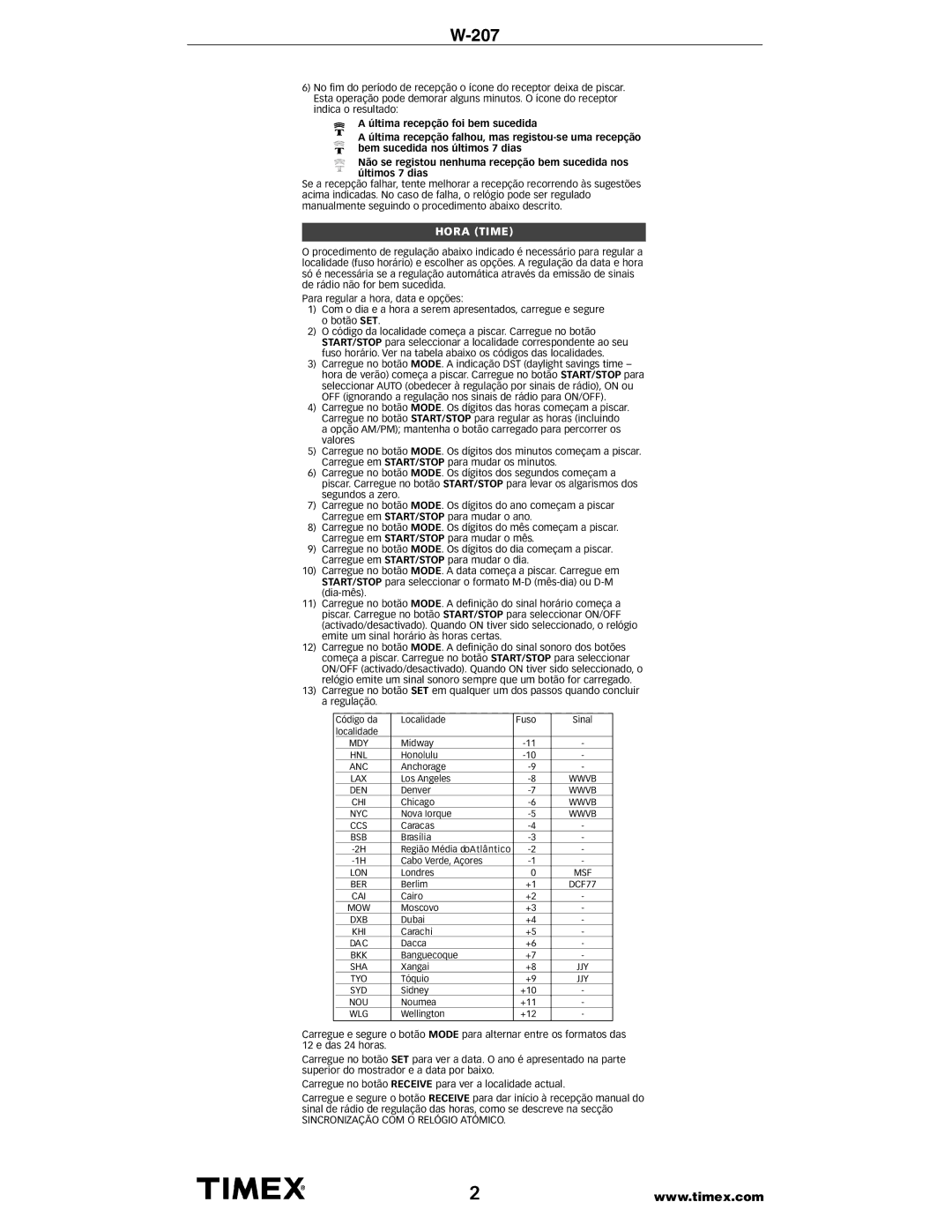 Timex W207 manual Hora Time, Lax 