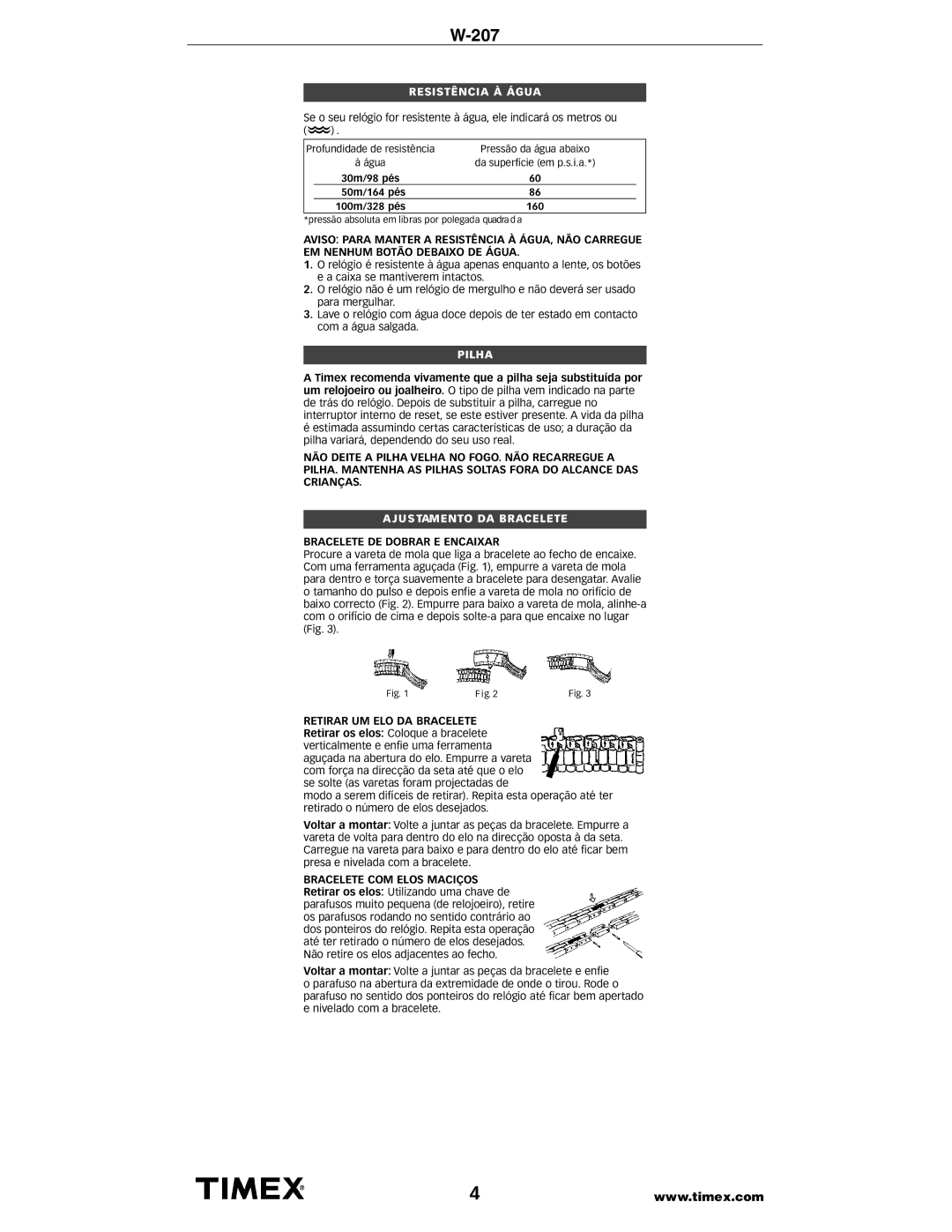 Timex W207 manual Resistência À Água, Pilha, U S Tamento DA Bracelete, Bracelete DE Dobrar E Encaixar 