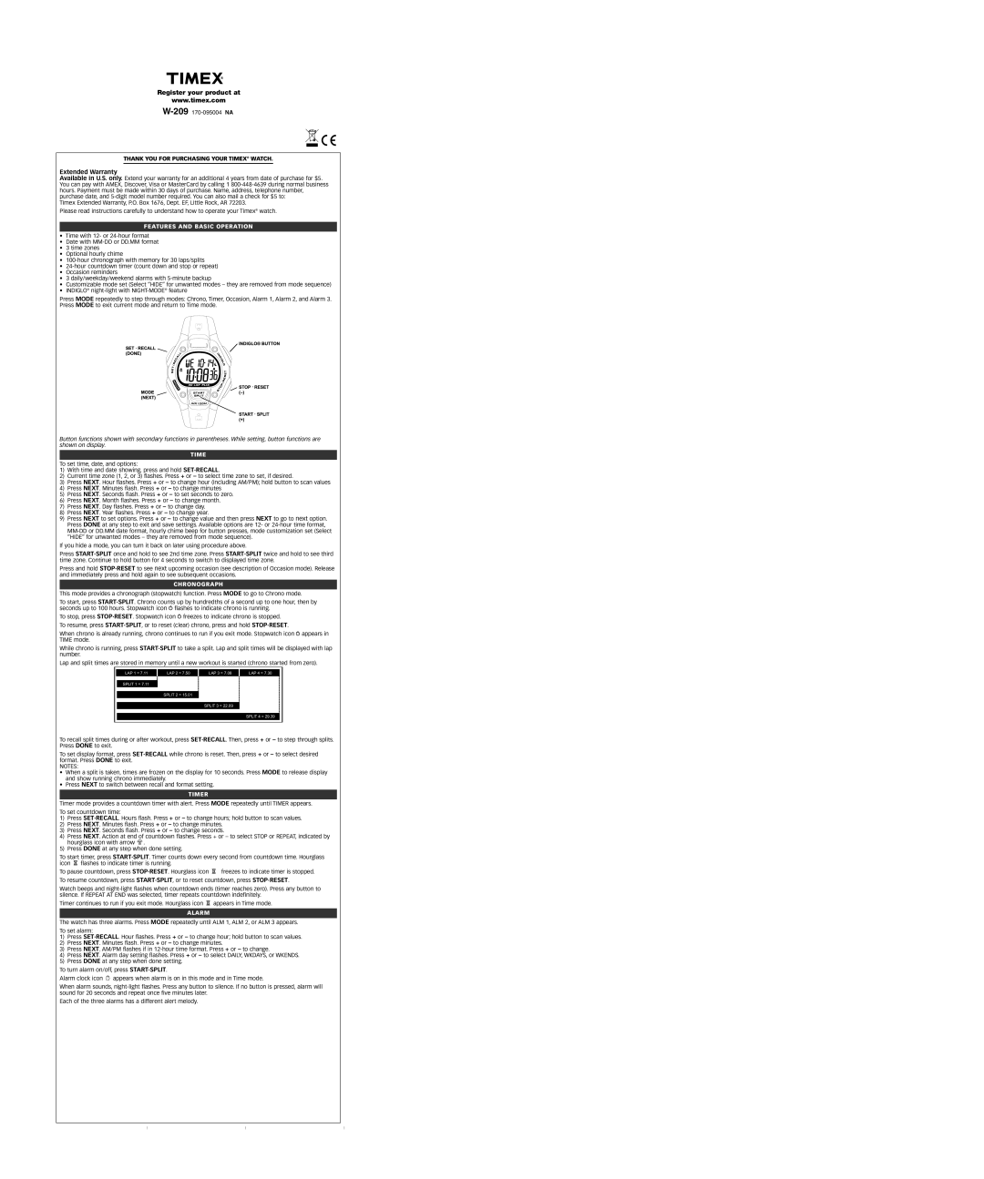 Timex W209 warranty Features and Basic Operation, Chronograph, Timer, Alarm 