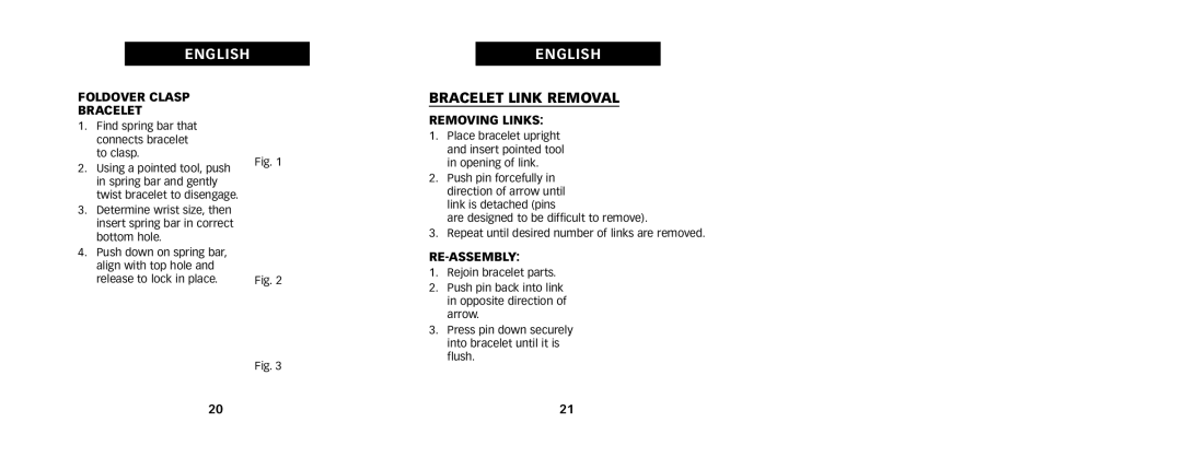 Timex W217 NA, 111-095009 manual Bracelet Link Removal, Foldover Clasp Bracelet, Removing Links, Re-Assembly 