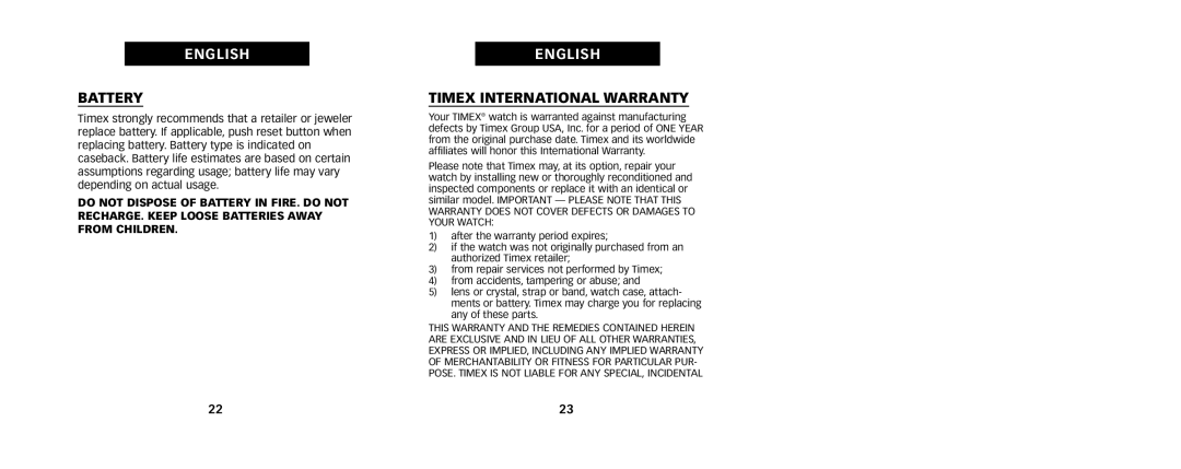 Timex 111-095009, W217 NA manual Battery, Timex International Warranty 